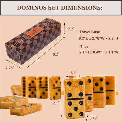 Dominos Set for Adults, Thick Domino, Double 6 Dominoes Set for Adults and Kids, 28 Marbleized Gold Tiles in Brown Leather Case, Travel Domino's Game Set - color: Gold