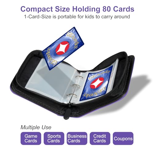 GEAoffice 1 Pocket Mini Trading Card Binder Holds 80 Cards with Zip, Purple | Super Lightweight, 40 Removable Acid-free & Non-PVC Sleeves, Premium PU Leather Card Binder for TCG, MTG, Sports&Games, Gift - color: Purple-1 Pocket