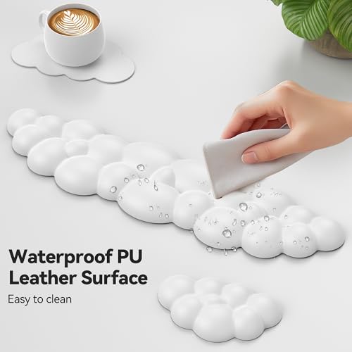TECKNET Cloud Keyboard Wrist Rest Set, Cloud Wrist Rest with Non-Slip Base, PU Leather Wrist Pad for Keyboard with Ergonomic Memory Foam for Computer Laptop Office Gaming and Pain Relief, White - color: White