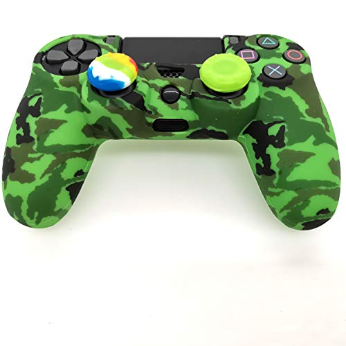 Silicone Skin Cover for Ps4 Controller (1pc Anti-Slip Case, 1 Pair L2 R2 Trigger Extender, 4pcs Thumb Grips,4pcs LED Light Bar Decal) Protector for DualShock PS4/ Slim/Pro Controller (Green camouflag) - color: Green camouflag