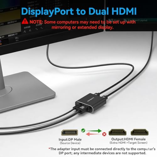 DisplayPort to Dual HDMI Adapter 1 in 2 Out, 4K60Hz Display Port DP 1.4 to 2 HDMI Splitter for PC Graphics Card Monitor Supports Windows Extended Mode, [MacOS Only Mirror Mode], No DP Cables - size: DP to Dual HDMI