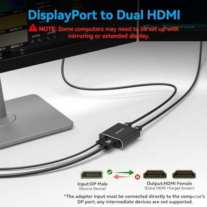 DisplayPort to Dual HDMI Adapter 1 in 2 Out, 4K60Hz Display Port DP 1.4 to 2 HDMI Splitter for PC Graphics Card Monitor Supports Windows Extended Mode, [MacOS Only Mirror Mode], No DP Cables - size: DP to Dual HDMI