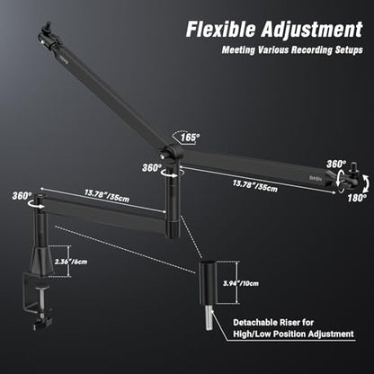 BASN Low Profile Microphone Boom Arm Stand with Desk Clamp - Rotatable & Storable Design, Cable Management Channel, 3/8" to 5/8" Thread Adapter for Podcast, Gaming, Streaming, Vocal Recording
