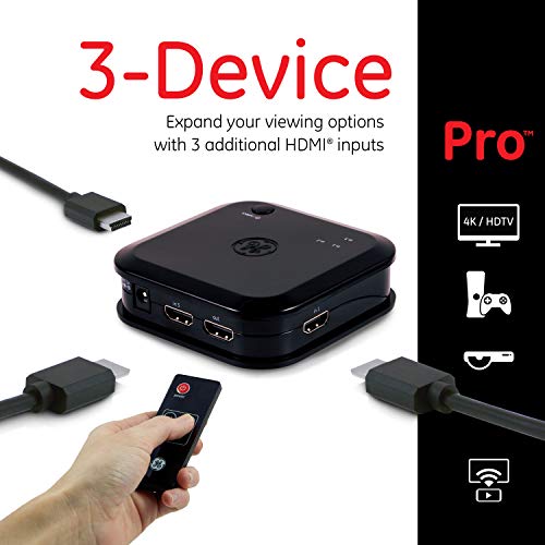 GE 3 Device HDMI Switch, Use with 4K TV Smart TV Roku Xbox PS3 PS4 Fire Stick DVD Blu Ray Fire TV Apple TV HDTV Cable Box PC, Wireless Remote, 4K 1080p 30 FPS, Ultra HD, HDCP 1.4, Black, 31046 - size: 1 Pack