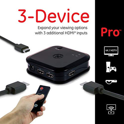 GE 3 Device HDMI Switch, Use with 4K TV Smart TV Roku Xbox PS3 PS4 Fire Stick DVD Blu Ray Fire TV Apple TV HDTV Cable Box PC, Wireless Remote, 4K 1080p 30 FPS, Ultra HD, HDCP 1.4, Black, 31046 - size: 1 Pack