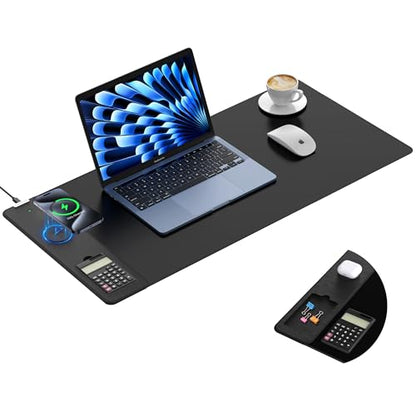 TopMade Mouse Pad with 15W Wireless Charging, Removable 8-Digit Solar Calculator, 31.5" x 15.75" XXL Large Desk Pad, Gaming Computer Keyboard Pad, Waterproof Mousepad Home Office Desk Mat, Black - color: Black-Calculator-31.5"x15.8"