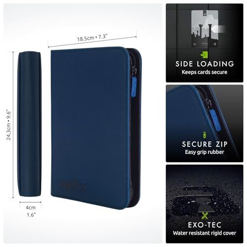 Vault X 4 Pocket Zip Trading Card Binder 160 Cards Exo-Tec (Blue) | Holds 160 standard-size TCG cards in 20 side-loading 4-pocket pages. Padded, water-resistant Exo-Tec cover. - color: Blue