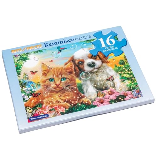 Bits and Pieces Large Piece Puzzles for Seniors, 10 in. x 13 in. Kitten and Puppy Puzzle - 16 pc Extra Large Pieces Puzzles for Dementia Seniors, Alzheimer Puzzle Memory Aids - color: Kitten & Puppy, size: 16 Piece