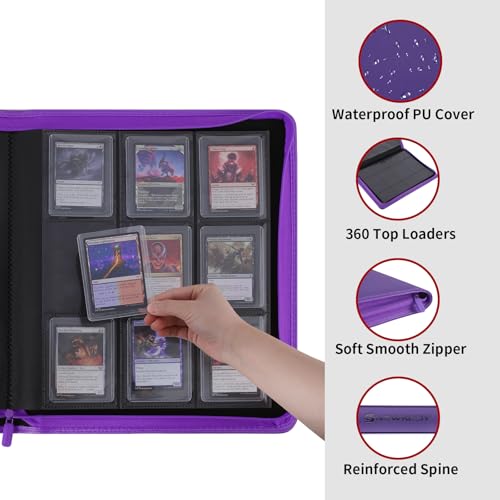 Snekdy Top loader Binder, 9 Pockets Top Loader，Holds 360 Top Loaders cards, Card binder with Sleeves for card in 3 x 4 inches color smooth Zipper PU Leather (Purple) - color: Purple