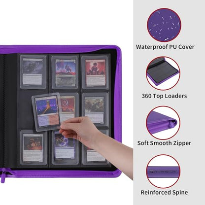 Snekdy Top loader Binder, 9 Pockets Top Loader，Holds 360 Top Loaders cards, Card binder with Sleeves for card in 3 x 4 inches color smooth Zipper PU Leather (Purple) - color: Purple