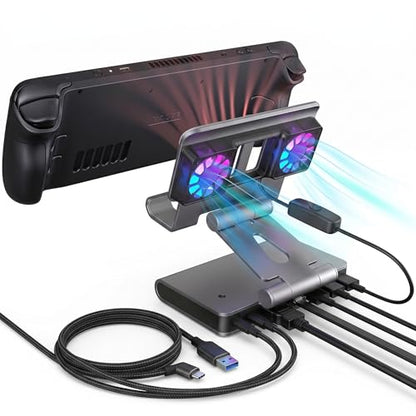6-in-1 Gaming Docking Station, Built-in Cooling Fan & RGB Light, 4K@60Hz HDMI, Gigabit Ethernet, 100W PD Charging, Adjustable Stand, Portable Dock for Steam Deck, ROG Ally, Legion Go