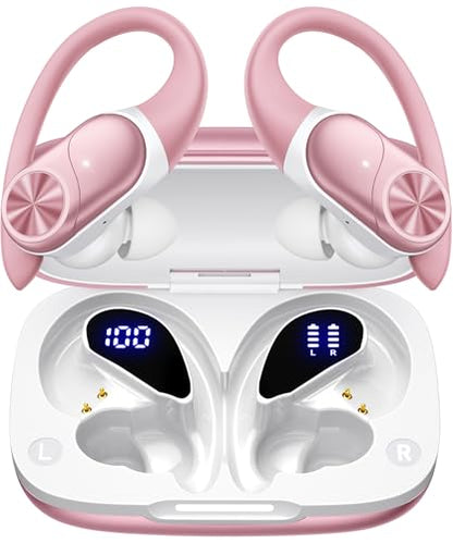 PocBuds Bluetooth Headphones Wireless Earbuds 80hrs Playtime Wireless Charging Case Digital Display Sport Ear Buds with Earhook Deep Bass IPX7 Waterproof Over-Ear Earphones for Phone Laptop Rose Gold - color: Rose Gold, style: Standard