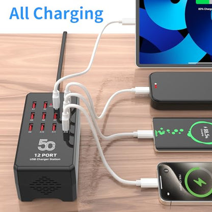50W 12-Port USB Charging Station for Multiple Devices,Portable USB Charging Hub Compatible with iPhone, Android,Tablet and More-Compact Charger Block for Home, Office & Entrepreneur