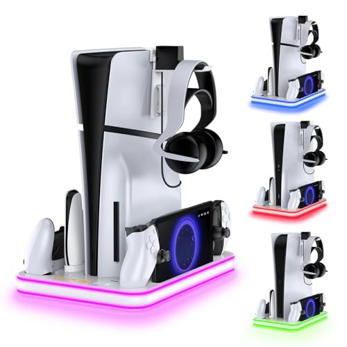 PS5 Cooling Stand & Charging Station for Portal, Dual Controllers with RGB | Supports original PS5 and PS5 Slim Disc or Digital consoles; set console USB power to Always for charging during rest mode - color: White