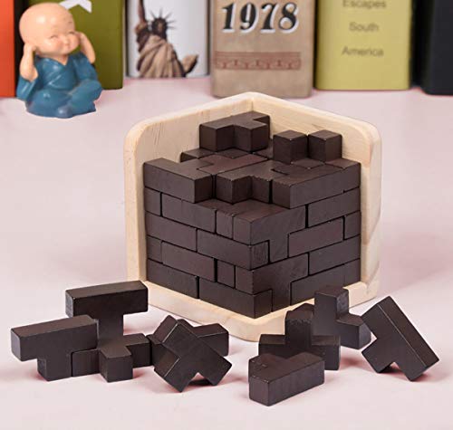 AHYUAN Wooden Brain Teaser Puzzles Cube Stocking Stuffers Wooden Puzzles T-Shaped Jigsaw Logic Puzzle Educational Games Toy for Kids and Adults (Coffee) - color: Coffee
