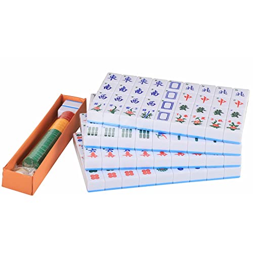 Chinese Mahjong Set, Mahjong Game Set with 146 Numbered Large Tiles (1.5", Blue), Mahjong Tiles Set with Brown Carrying Case - color: Blue Mahjong Set