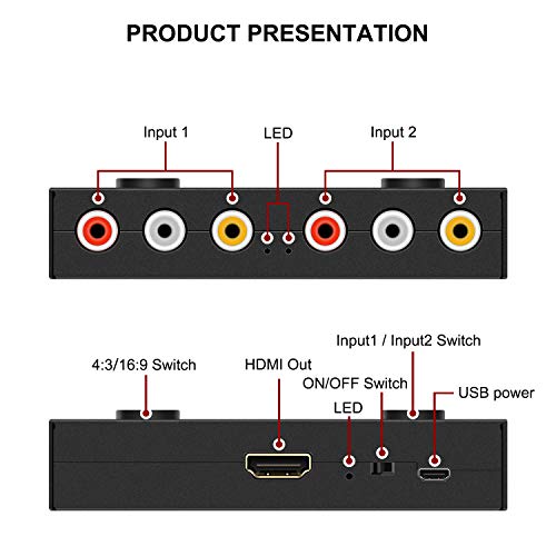 Dingsun 2 Port AV to HDMI Converter, RCA to HDMI Adapter Support 16:9/4:3 Compatible with WII, N64, PS2, VHS, VCR DVD Players etc - style: 2Port RCA to HDMI Converter
