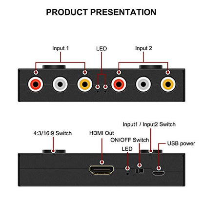Dingsun 2 Port AV to HDMI Converter, RCA to HDMI Adapter Support 16:9/4:3 Compatible with WII, N64, PS2, VHS, VCR DVD Players etc - style: 2Port RCA to HDMI Converter