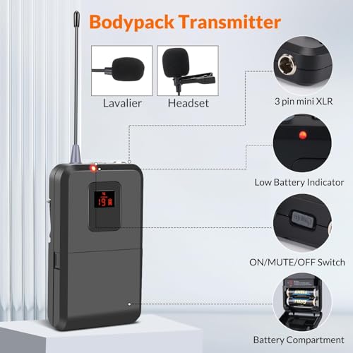 innopow 200-Channel Wireless Microphones System, Wireless Lavalier Microphone, Dual UHF Bodypack Cordless Lavalier Mic System Set, Auto Scan, Long Range 200-240Ft, 16 Hours Ideal for Church (Black)