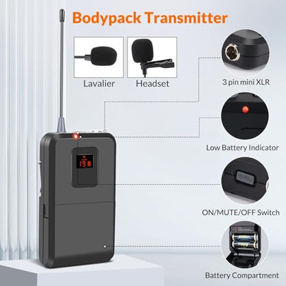 innopow 200-Channel Wireless Microphones System, Wireless Lavalier Microphone, Dual UHF Bodypack Cordless Lavalier Mic System Set, Auto Scan, Long Range 200-240Ft, 16 Hours Ideal for Church (Black)