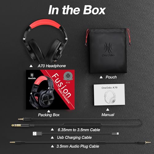 OneOdio A70 Bluetooth Over Ear Headphones, Wireless Headphones w/ 72H Playtime, Hi-Res, 3.5mm/6.35mm Wired Audio Jack for Studio Monitor & Mixing DJ Guitar AMP, Computer Laptop PC Tablet - Red - color: Red
