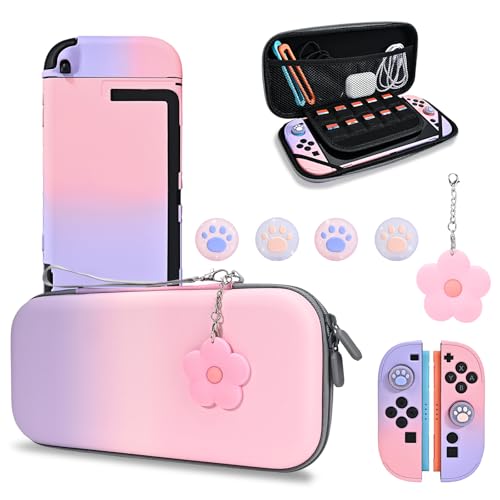 DLseego Storage Carrying Case for Nintendo Switch 2 2025 Accessories Set, 10 Game Card Slots Cute Protective, 1 Hard PC Case, 1PC Flower Blossom Chain, 4 Thumb Grips, Slim & Portable - Pink Purple - color: Pink and Purple, size: Switch 2 7.9inch