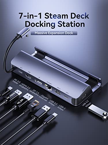 Steam Deck Dock Dual Monitor, 7 in 1 QUUGE Steam Deck Docking Staion wtih HDMI 2.0 & DisplayPort 1.4 4K60Hz, 2*USB-A & USB-C 5Gbps, 1000Mb Gigabit, 100W Charging, Steam Deck Accessories… | DisplayPort 1.4, Gigabit Ethernet, 100W PD input, 5Gbps USB ports,
