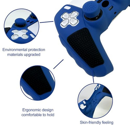 Anti-Slip Blue PS5 Controller Skin,Soft Thicken Studded Protective Silicone Cover Skin Grips Compatible with PS5/Slim/Pro Controller and 8 PCS Thumb Grips Caps. - color: Blue&Black