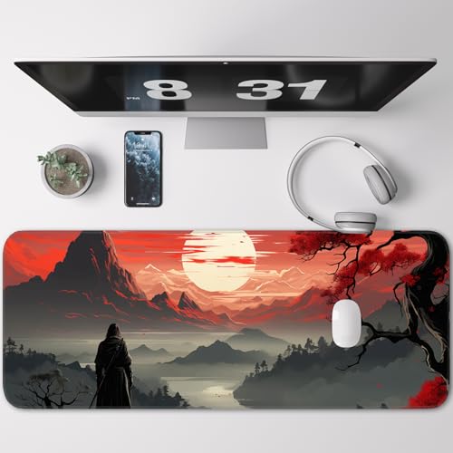 Japanese Gaming Mouse Pad, Non-Slip Rubber Base with Stitched Edge Mouse Pad for Office, Laptop, 31.5x11.8 Inch Anime Gaming Keyboard Pad - color: Red Moon Canyon