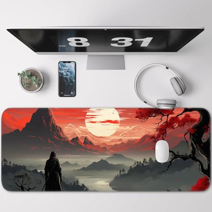 Japanese Gaming Mouse Pad, Non-Slip Rubber Base with Stitched Edge Mouse Pad for Office, Laptop, 31.5x11.8 Inch Anime Gaming Keyboard Pad - color: Red Moon Canyon