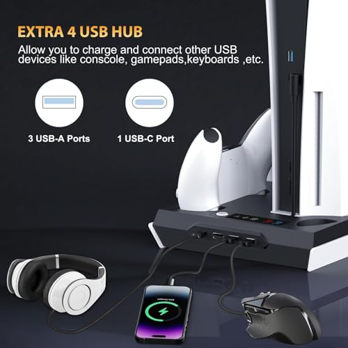 PS5 / PS5 Slim Cooling Station with Dual Controller Charging Station, PS 5 Cooling Stand for PlayStation 5 Console, Headset Holder/ PS 5 Cooling Fan/4 USB Hub All in One Accessories Organizer, Black - color: Black