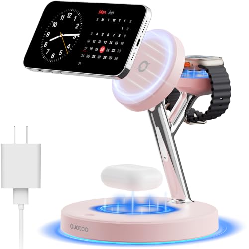 【Adjustable Blue Ambient Light】 Wireless Charger 3 in 1 for iPhone, Magnetic Charging Station for Apple Family,15W Fast MagSafe Charger Stand,for iPhone17-12-iWatch AirPods Series - color: Pink