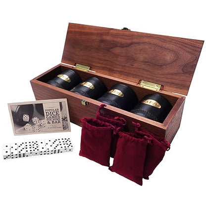 Golden Gate Dice Cup Set of Four in Walnut Presentation Case Includes Twenty White Dice and a Book of Dice Games (Includes Liars Dice) (Dice Shaker Cup Set) - style: Four-Personalized Leather Dice Cups in Walnut Case