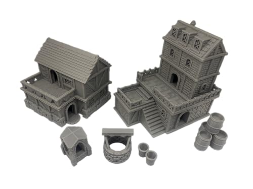 HAUTICO Middle Ages Medieval Town Buildings Terrain Set for Miniatures Tabletop Campaigns, Hobby Building, Diorama Kits, 3D Printed and Paintable, Gift for Tabletop Hobby Enthusiasts (18mm)