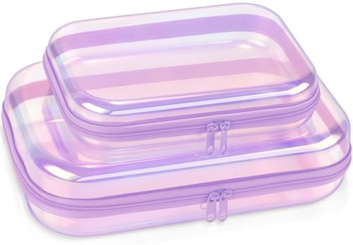 Clear Hard Shell Organizer Cases, 2 Pack | Iridescent PET shell with water-resistant, scratch-resistant surface for travel, toiletries, electronics and daily essentials - color: Purple2