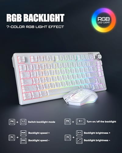 RedThunder K75 Wireless Keyboard and Mouse Combo,75% Membrane Side-Engraved Keyboard,Optical Gaming Mouse with 4800DPI,3 Modes(BT/2.4G/Wired),Dual System,RGB Backlit,Rechargeable Battery,Contour White - color: White Contour Line