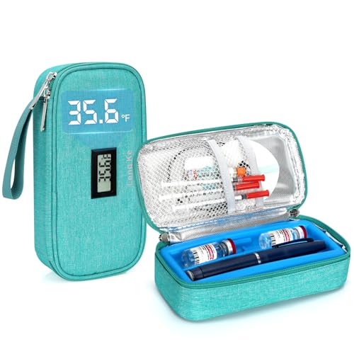 YOUSHARES Insulin & peptide Cooler Travel Case for Pen & Vials, Temperature Display Diabetic Med Cooling Bag with Protective Ice Brick, TSA Approved Refrigerated Diabetes Supplies Carrying Organizer - color: 01_green