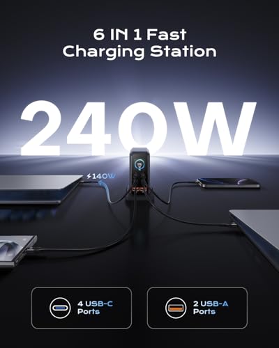 240W USB C Charger Block,ASOMETECH 6 Ports USB Charging Station,GaN 140W PD3.1 Laptop Fast Charger Adapter Desktop Charger Station with LCD Display for MacBook HP iPad iPhone Samsung