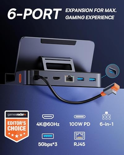 Steam Deck Dock, Baseus 6-in-1 Docking Station for Steam Deck/ROG Ally X/Legion Go with HDMI 2.0 4K@60Hz, Gigabit Ethernet, Adjustable Stand Design, 100W PD and 3 USB-A 3.0 Ports