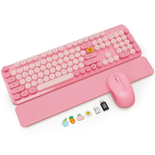 Wireless Keyboard and Mouse Combo, Magnetic Wrist Rest, Round Keycaps, Pink | Full-Size Retro Typewriter Style, Tilt Legs, 2.4GHz Cordless for MacOS, Windows PC, Laptop - Soft Blush Pink, SABLUTE CK23 - color: Soft Blush Pink