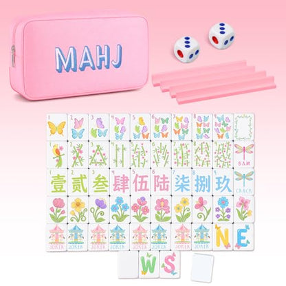 Soulchen Mini American Mahjong Tile Set Include 160 0.8 Inch Mahjong Tiles 2 Dice 4 Wooden Rulers 1 Accessory Bag 4 Beginner Rule Cards (Butterfly & Floral) - style: Butterfly & Floral
