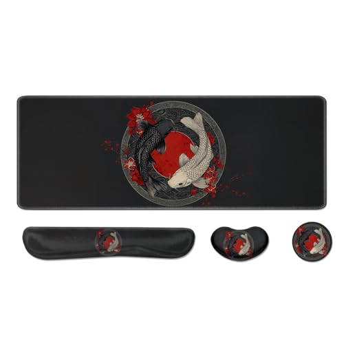 Desk Pad and Keyboard Wrist Rest, Large Mouse Pad + Keyboard Pad+Mouse Wrist Support, Non-Slip Desk Mat Protector for Office, Home 31.5×11.8 Inches Black and White Fish - color: Fish