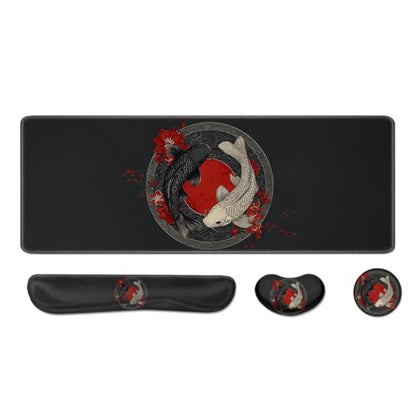 Desk Pad and Keyboard Wrist Rest, Large Mouse Pad + Keyboard Pad+Mouse Wrist Support, Non-Slip Desk Mat Protector for Office, Home 31.5×11.8 Inches Black and White Fish - color: Fish