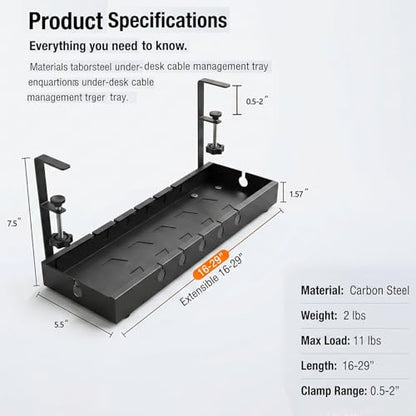 Under Desk Cable Management Tray, 16-29" Adjustable Metal Cord Rack | 【Heavy-Duty 11lbs Capacity】Easy install under desk cord organizer fits power strips & routers. Perfect for home office setups