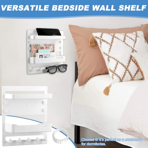 Bedside Shelf Wall Mount & Wall Nightstand for Bedroom,9 * 9.45inch Adhesive Nightstand Wallshelf with 5 Hooks,Wall Mount Shelf for Charging Station and Remote Control Holder(White) - color: White