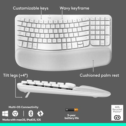 Logitech Wave Keys & Lift Vertical Mouse - Ergonomic Wireless Keyboard and Mouse Combo - with Cushioned Palm Rest, Easy-Switch, Bluetooth, for Multi-OS, Windows/Mac - Off-White - color: Off White, style: Right-Handed