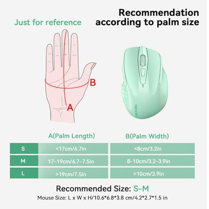 TECKNET Wireless Mouse, BT 5.0/2.4G, Silent 4800 DPI 6 Buttons, Green | Bluetooth 5.0/3.0 & USB A, 2-Device Easy Switch, Wide OS Compatible, 6-DPI, Ergonomic for S/M Hands, Extended Battery - color: Green