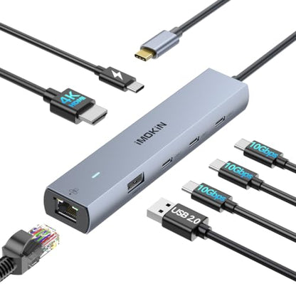 MOKiN 10Gbps USB C Hub Ethernet, 7 in 1 USB C Adapter for MacBook Pro/Air with 4K@60HZ HDMI, 3*USB-C 10Gbps Data, RJ45, USB 2.0, 100W PD, USB C Dongle for MacBook Pro/Air/Dell/HP/Thinkpad/Lenovo. - color: Gray