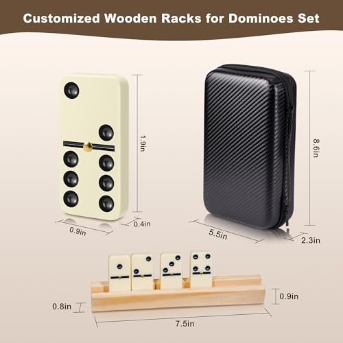 MeetYr Life Dominos Set for Adults 28 Dominos with 4 Wooden Trays 1 Storage Bag, Double 6 Dominoes Travel Case Game for Family & Parties (D6-White)