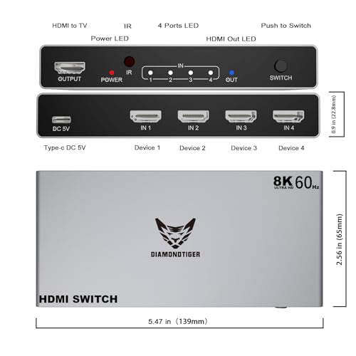 8K HDMI 2.1 Switch 4 in 1 Out 4K 120Hz Selector PS5 Xbox PC | 8K@60Hz VRR & Dolby Vision support with wireless IR remote & aluminum alloy body - size: 4x1 8K@60HZ